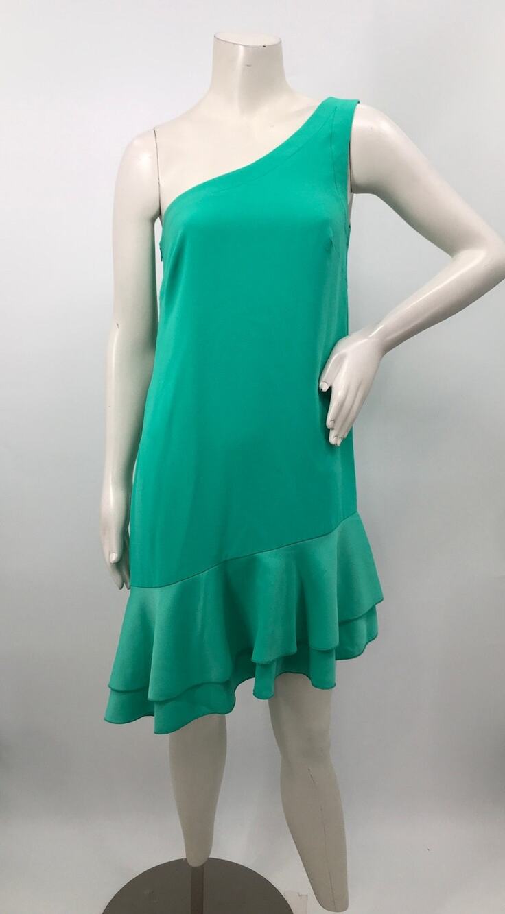 Trina Turk Green One Shoulder Ruffle Trim Asymmetrical Dress Womens 2